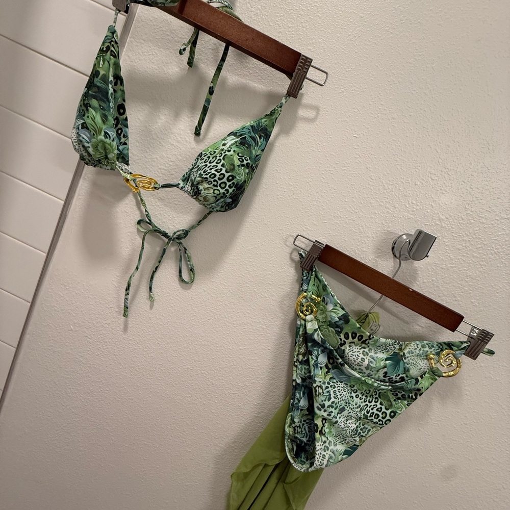 SHEIN 3-Piece Bikini Set w/ Sarong – Green Print